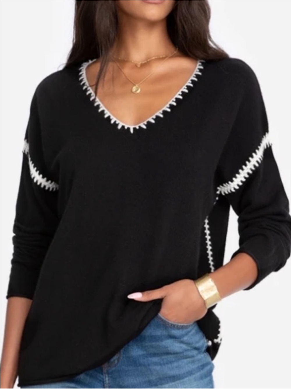 Johnny Was Whipstitch 100% Cashmere Sweater Black White Small
